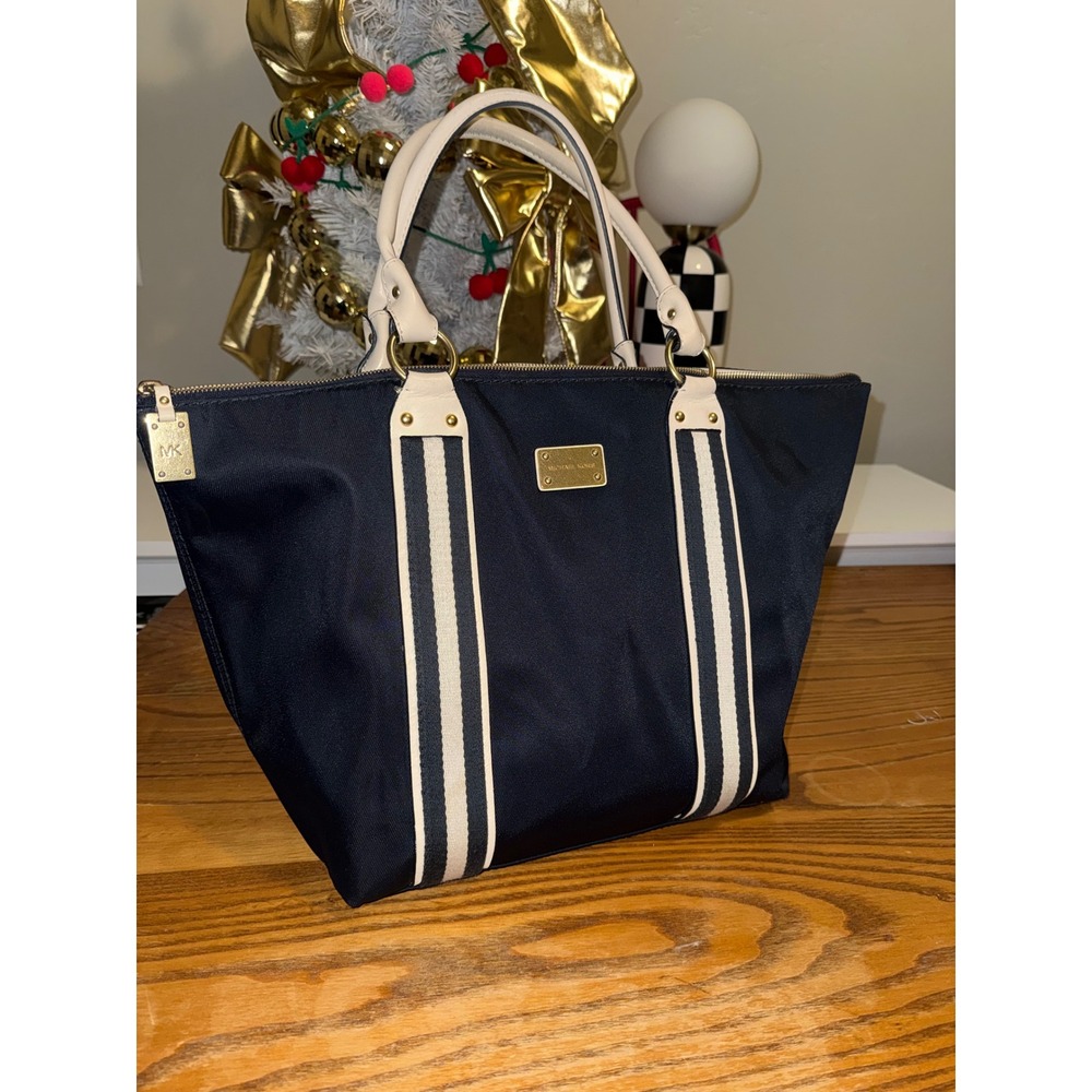 Michael Kors Navy Blue Nylon Tote Bag with‎ Cream Leather Trim and Gold Hardware
